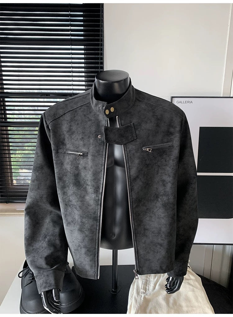 Chaqueta vintage de piel sintética con efecto tie-dye para hombre, cuello alto, estilo urbano, T0078