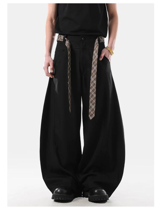 Vintage Plaid Fleece-Lined Belted Flare Trousers – Retro American Style Pants T0237