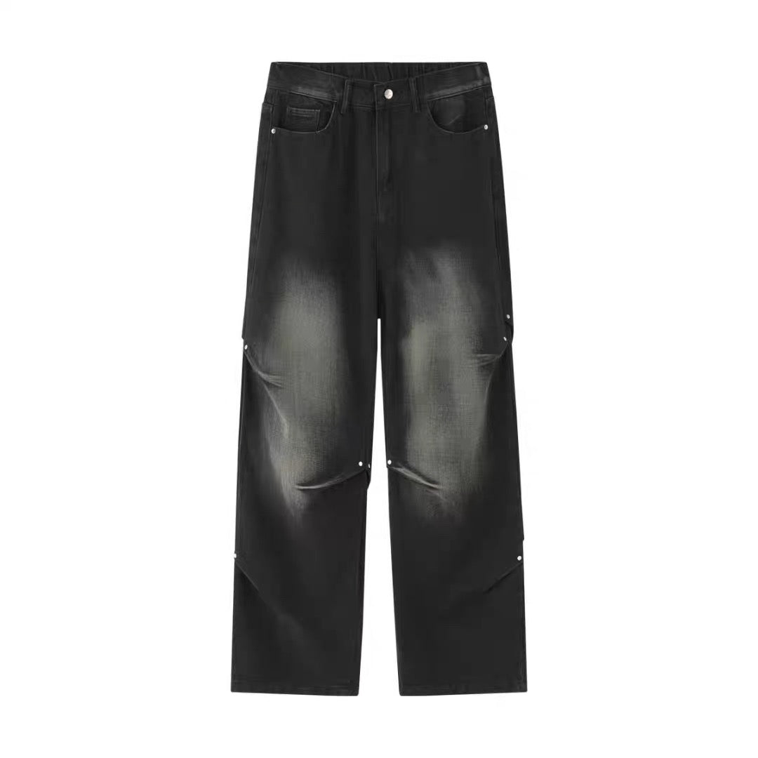 American Street Rivet Patchwork Straight-Leg Jeans Fe0501