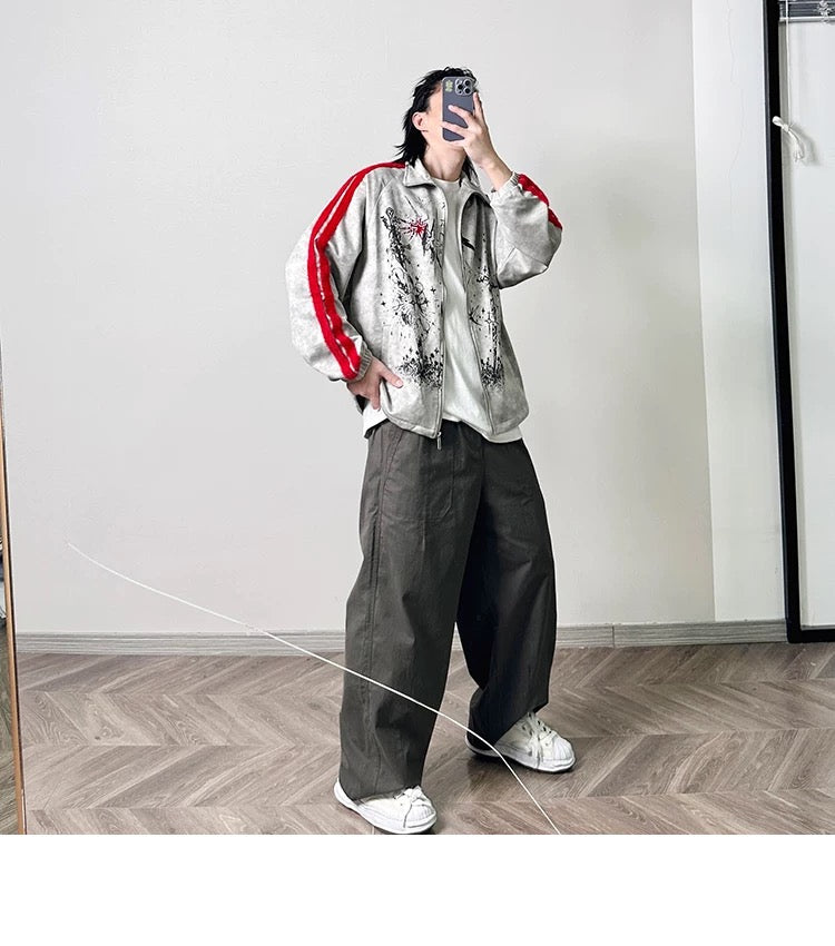 メンズ プリント カラーブロック フリースジャケット - レトロ パッチワーク ストリートウェア アウターウェア T0037