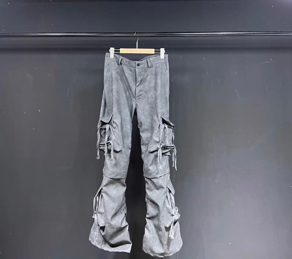 Men’s Suede PU Washed Flared Pants Gray Wide Leg Cargo Trousers Slim Fit Vintage Streetwear B0099