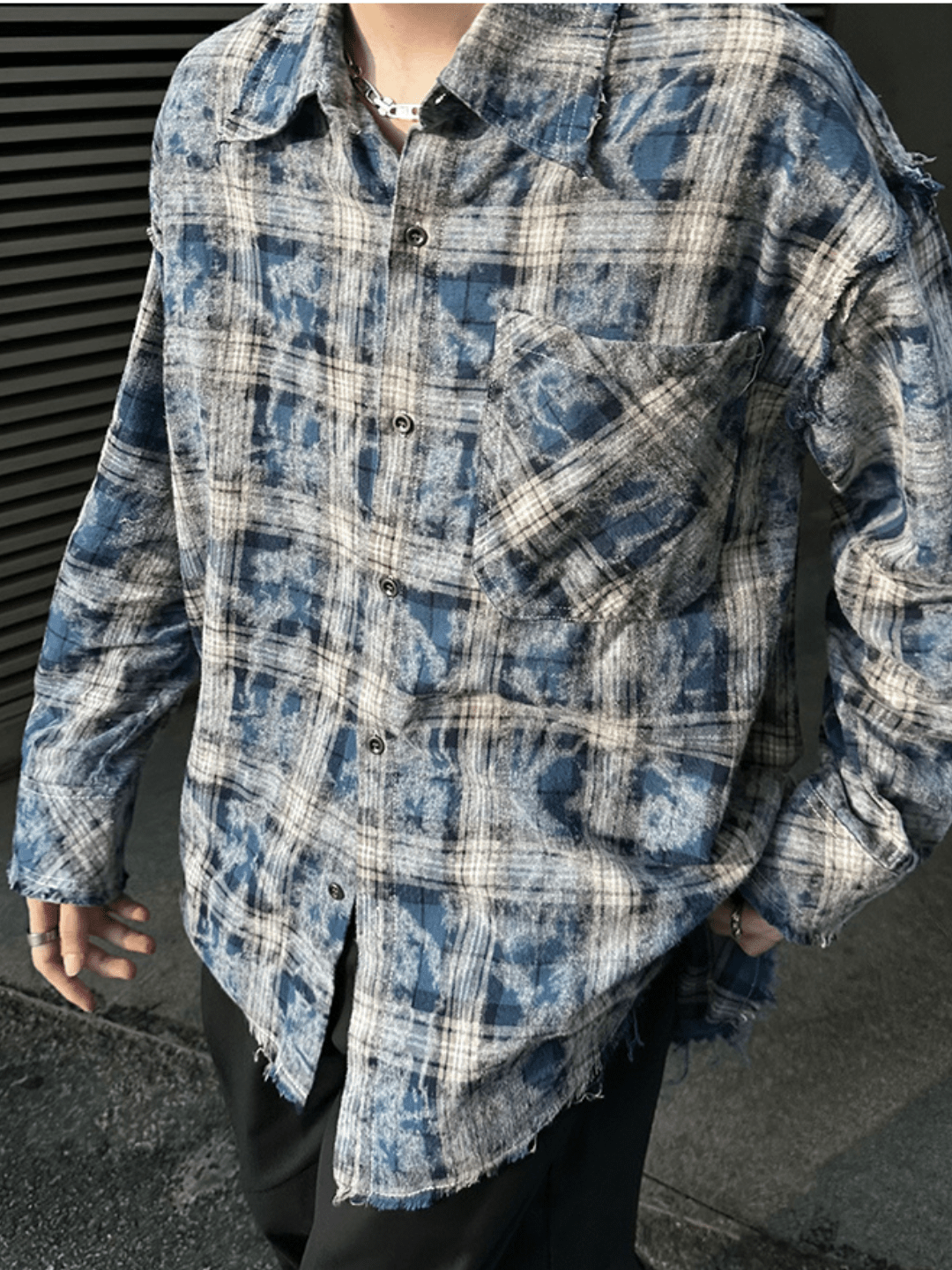 [JM HOMME] distressed raw edge plaid shirt J0112