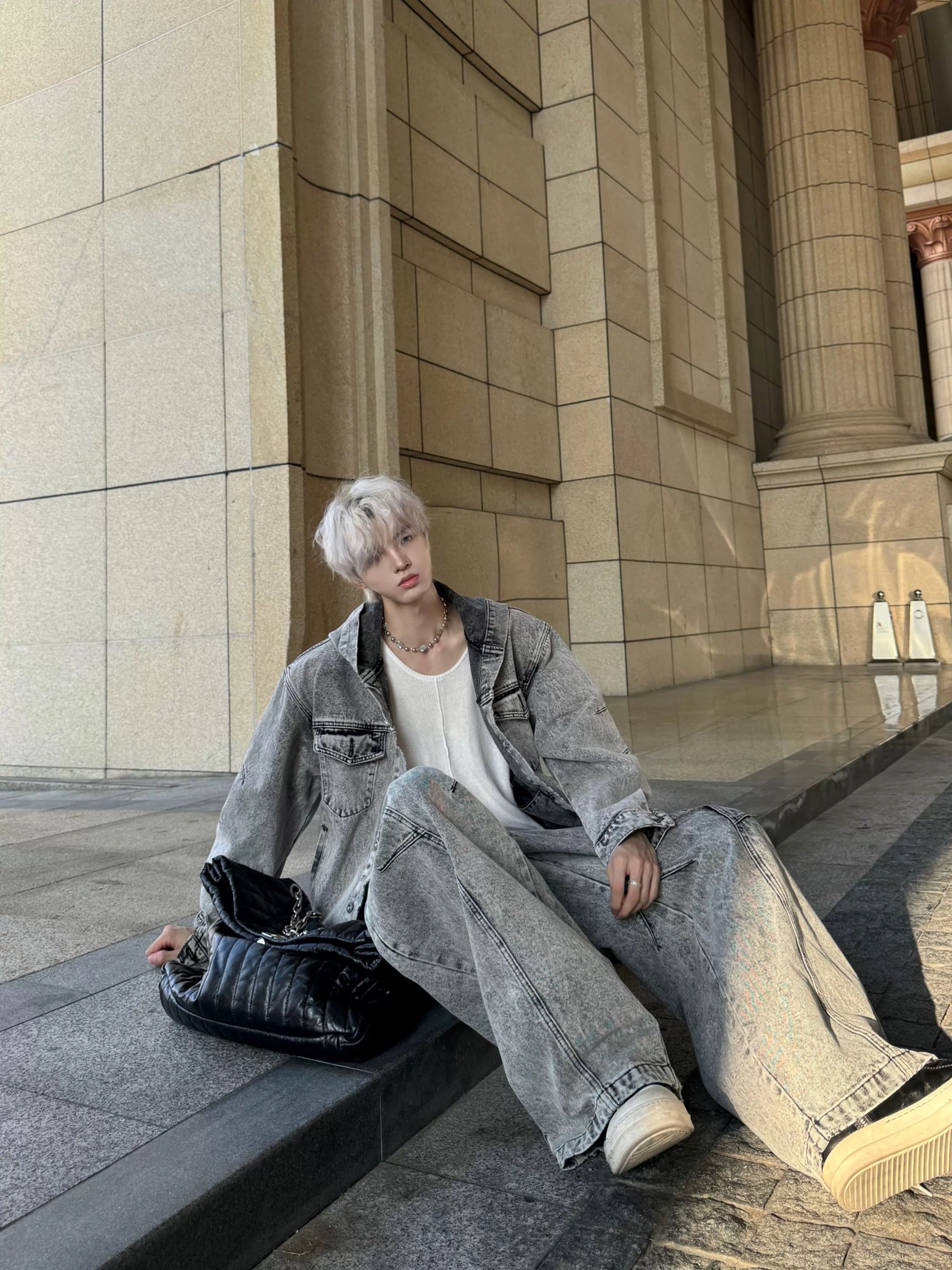 Men’s Deconstructed Distressed Denim Hoodie Jacket – Vintage Heavywork Streetwear Outerwear T0043