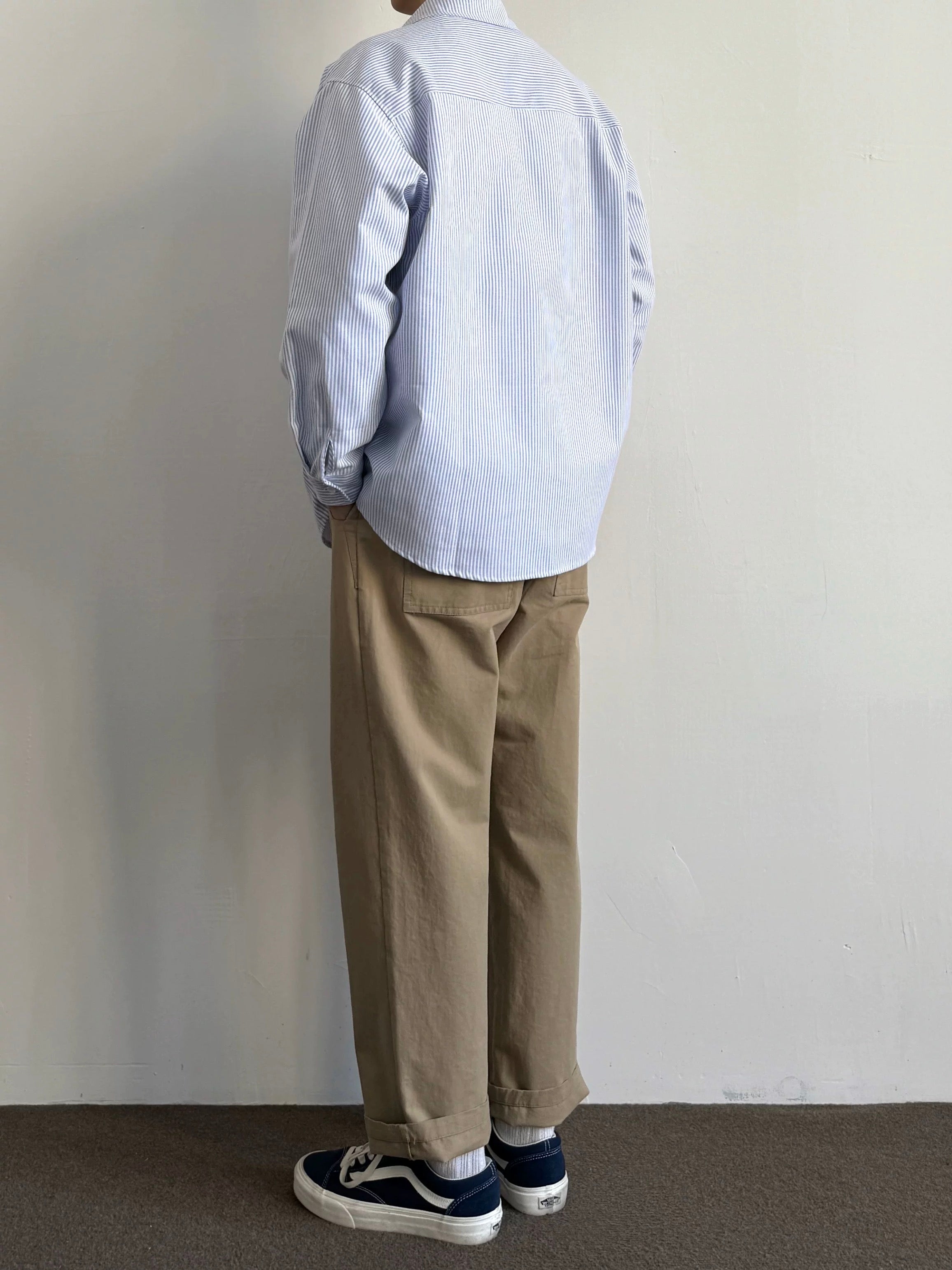 ブルー＆ホワイトストライプオックスフォードシャツ - リラックスワークウェアスタイル長袖シャツジャケット（カジュアルユニセックス）T0033