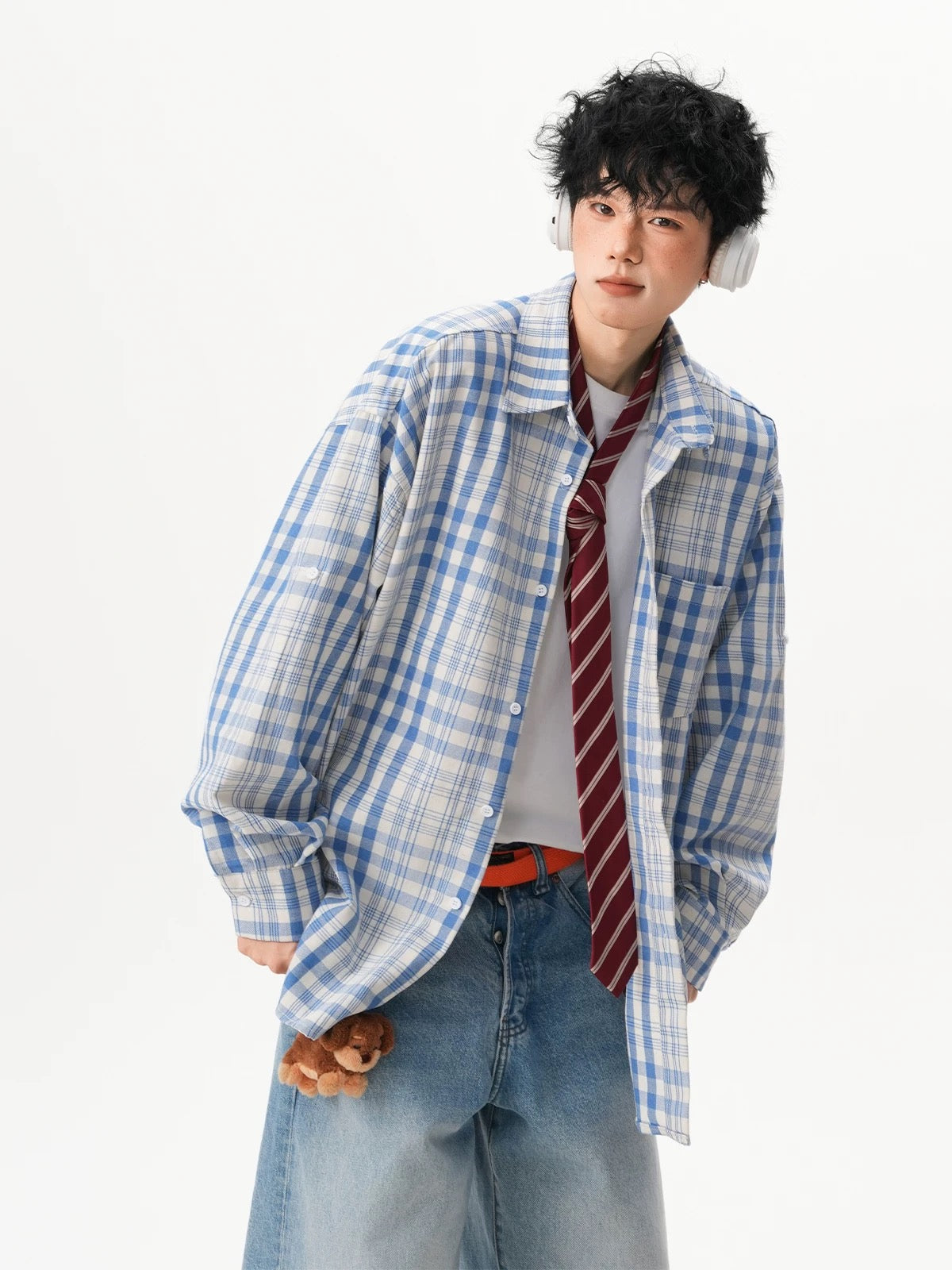 Men’s Vintage Blue Plaid Shirt – American Retro Street Casual Overshirt S0042