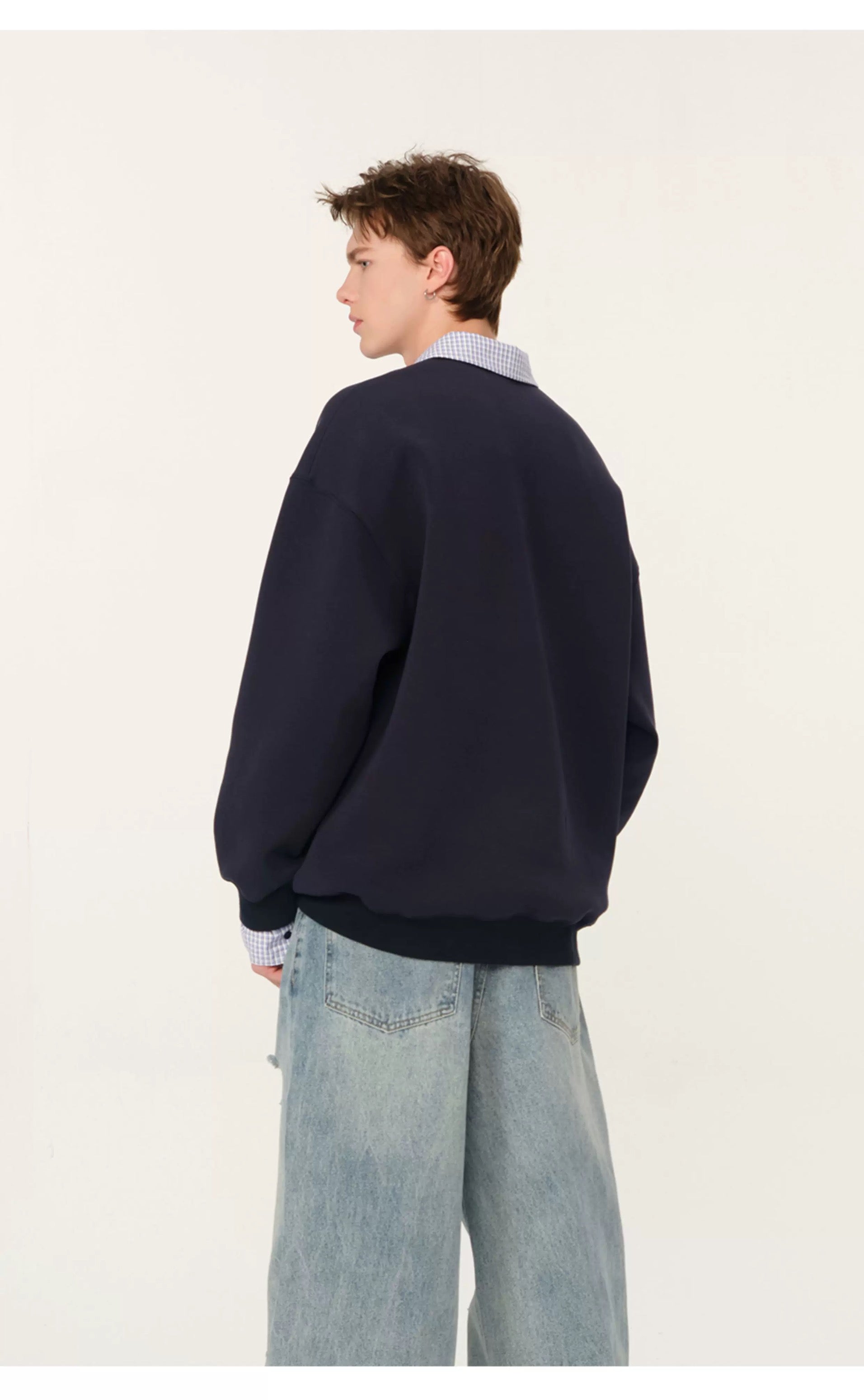 Men’s Layered Polo Sweatshirt – Air Layer Fabric Retro Street Pullover S0041