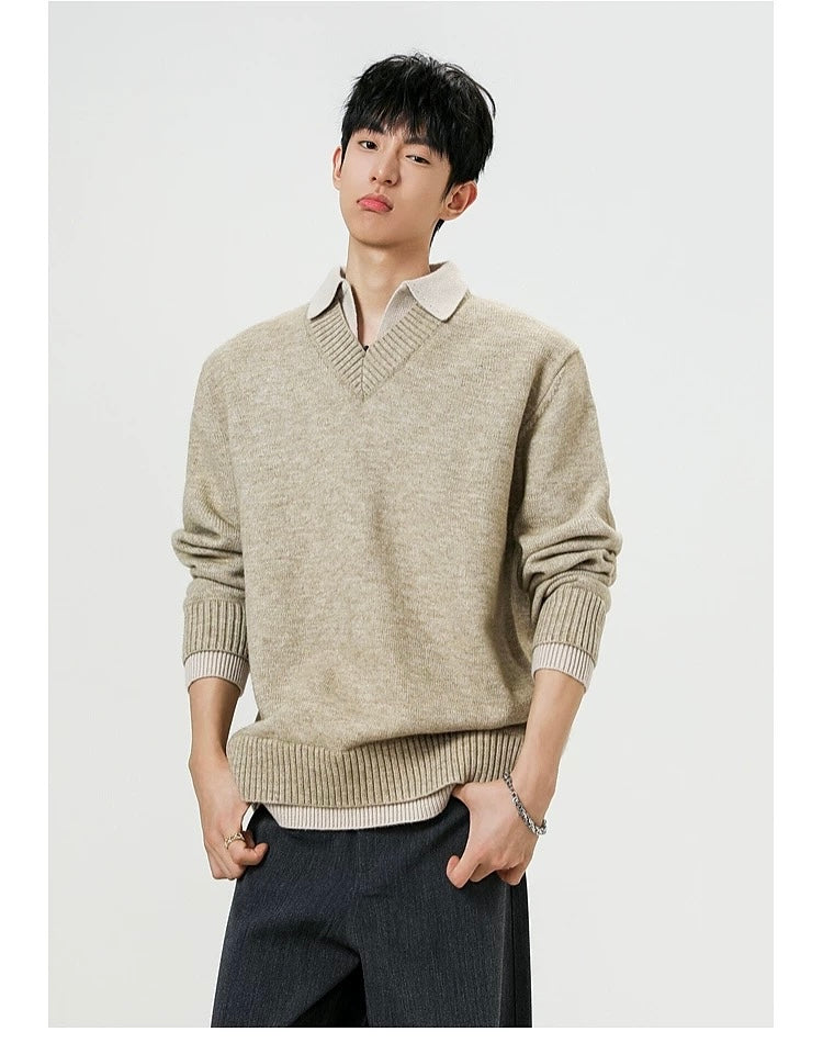 Vintage Layered Knit Sweater – Retro Patchwork Two-in-One Pullover for Men S0027