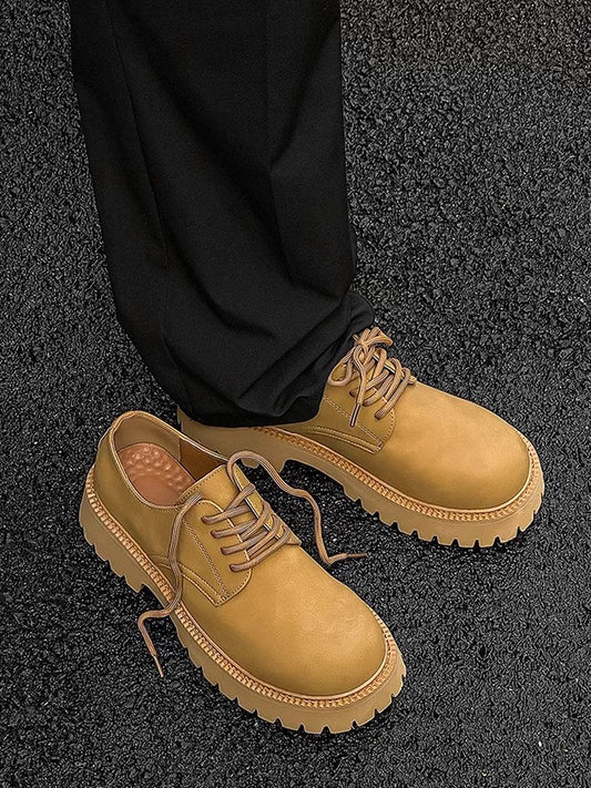 English-American Chunky Derby Shoes - Brown Workwear Leather with Mickey Mouse Detail (CleanFit Platform Shoes for Men) S0010