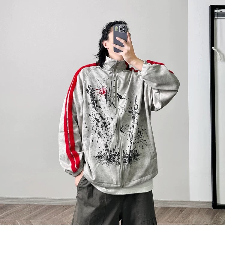 メンズ プリント カラーブロック フリースジャケット - レトロ パッチワーク ストリートウェア アウターウェア T0037