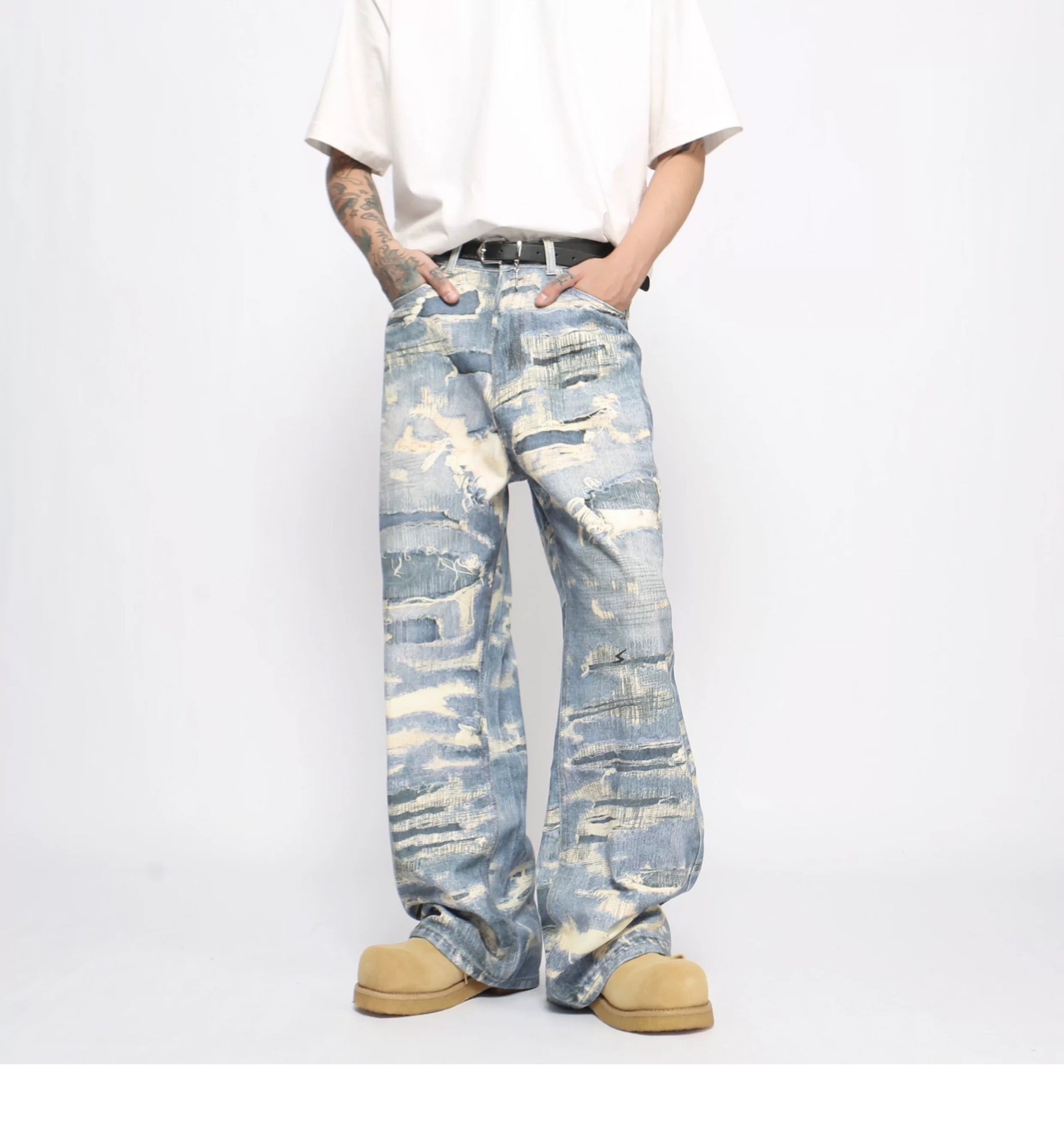 Men’s Distressed Printed Jeans – Vintage Washed Ripped Denim Pants B0079