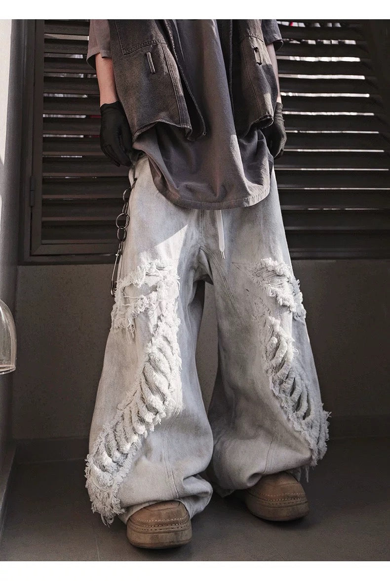 Men’s Vintage Distressed Washed White Denim Jeans Streetwear Loose Straight Mud-Dye Baggy Pants B0096