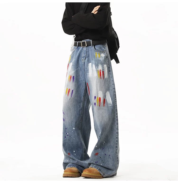 Men’s Graffiti Denim Jeans – Vintage American High Street Painted Streetwear Pants B0058