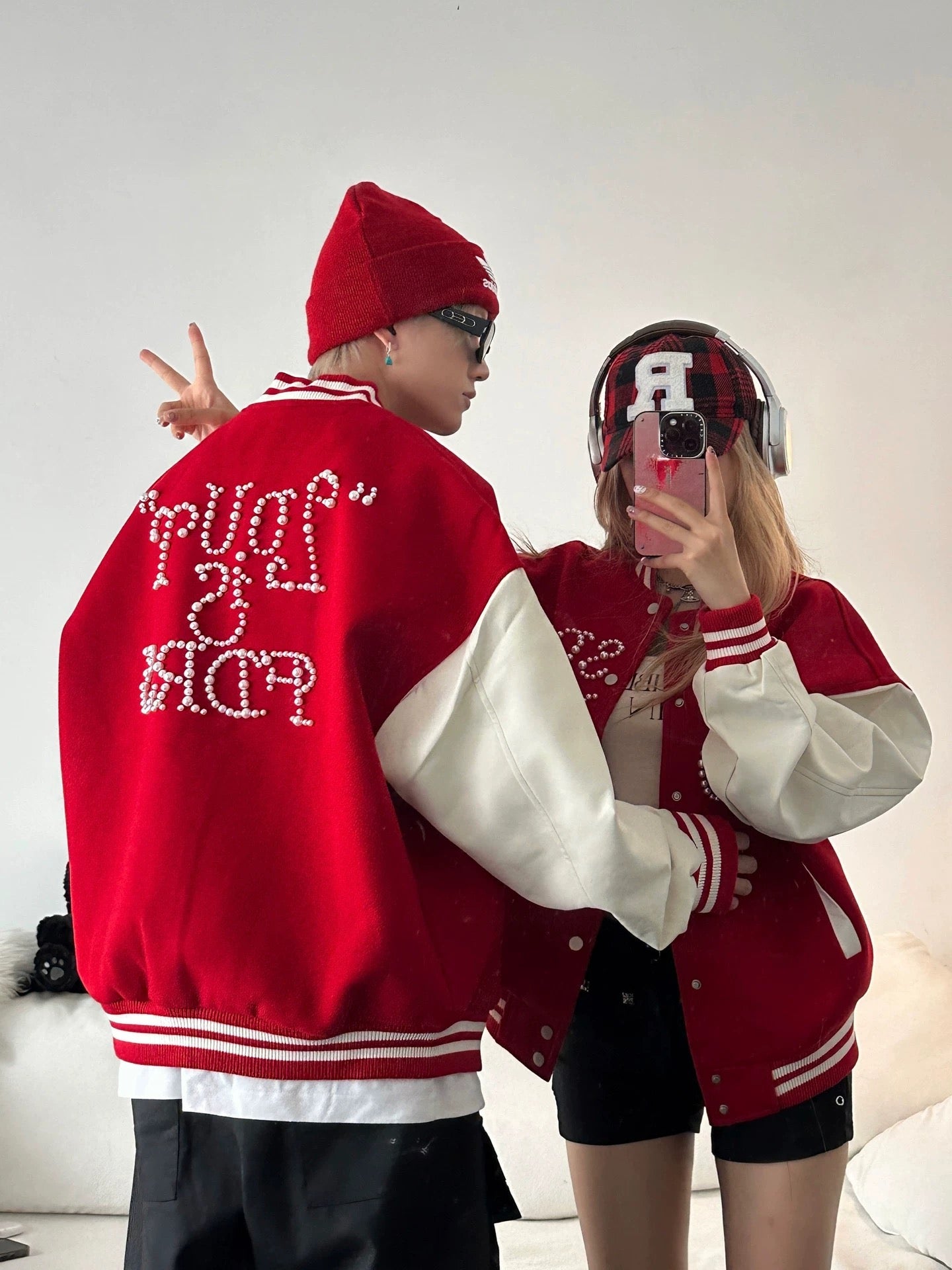 American Streetwear Rhinestone Baseball Jacket - Unisex Couple's Style AW Collection Retro Red Faux Leather & Wool Blend Bomber T0035