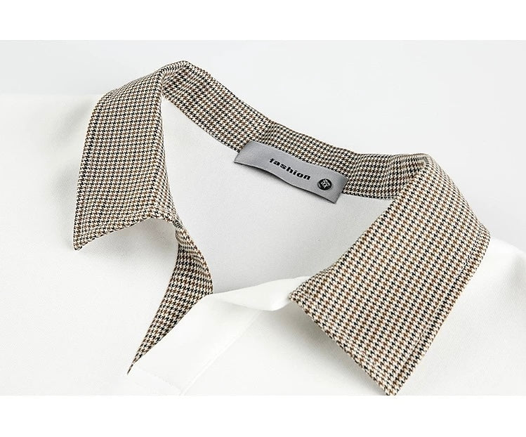 Men’s Houndstooth Patchwork Polo Long Sleeve Tee – Vintage Casual Streetwear Top S0036