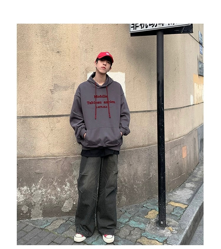 Men’s Vintage Brushed Embroidery Hoodie – Retro American Streetwear Pullover T0202