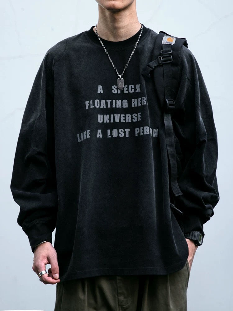 Camiseta vintage de manga larga desgastada y lavada para hombre, de algodón con cuello redondo y estampado abullonado de principios de otoño, T0018