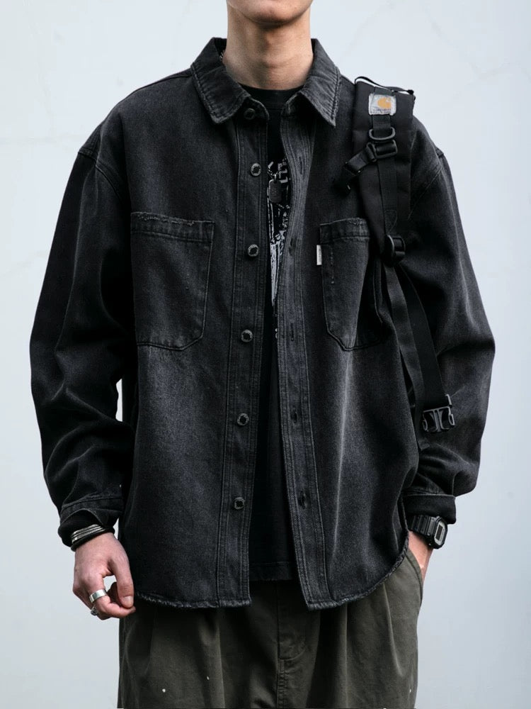 American Vintage Heavy-Duty Washed Distressed Denim Shirt - Men's Textured Relaxed Fit Utility Work Shirt Jacket T0020
