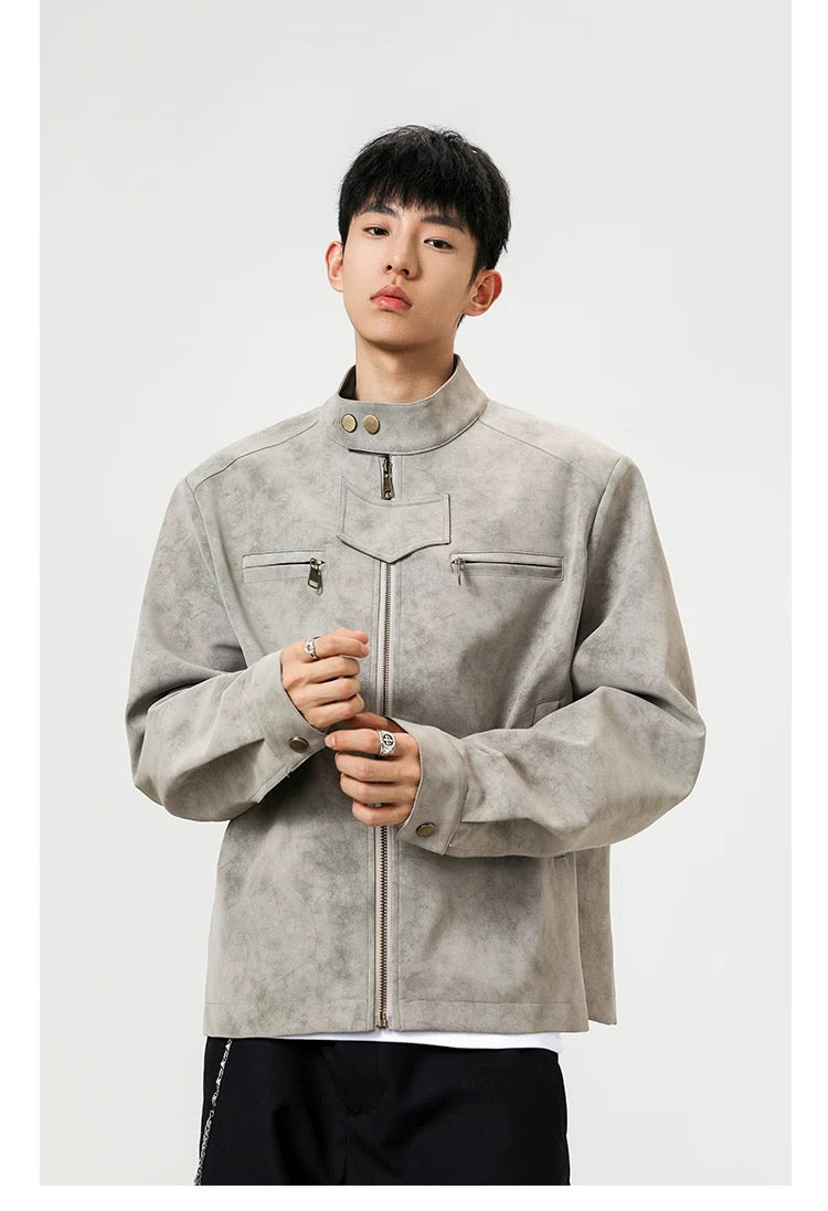 Chaqueta vintage de piel sintética con efecto tie-dye para hombre, cuello alto, estilo urbano, T0078