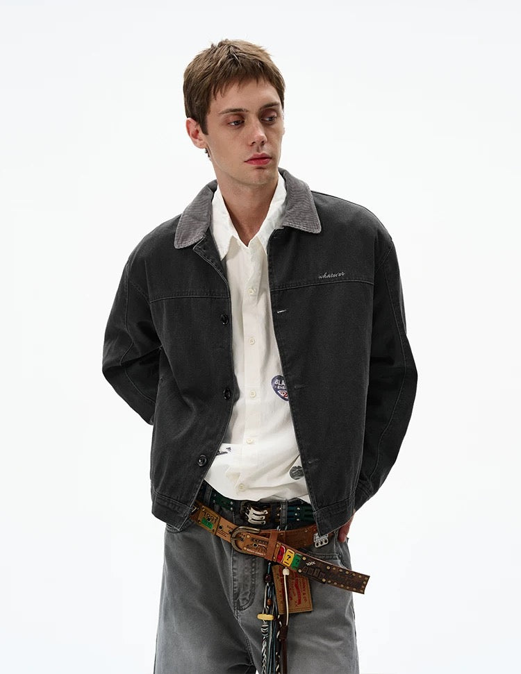 Men’s Color-Block Workwear Jacket – American Retro Contrast Collar Utility Outerwear T0064