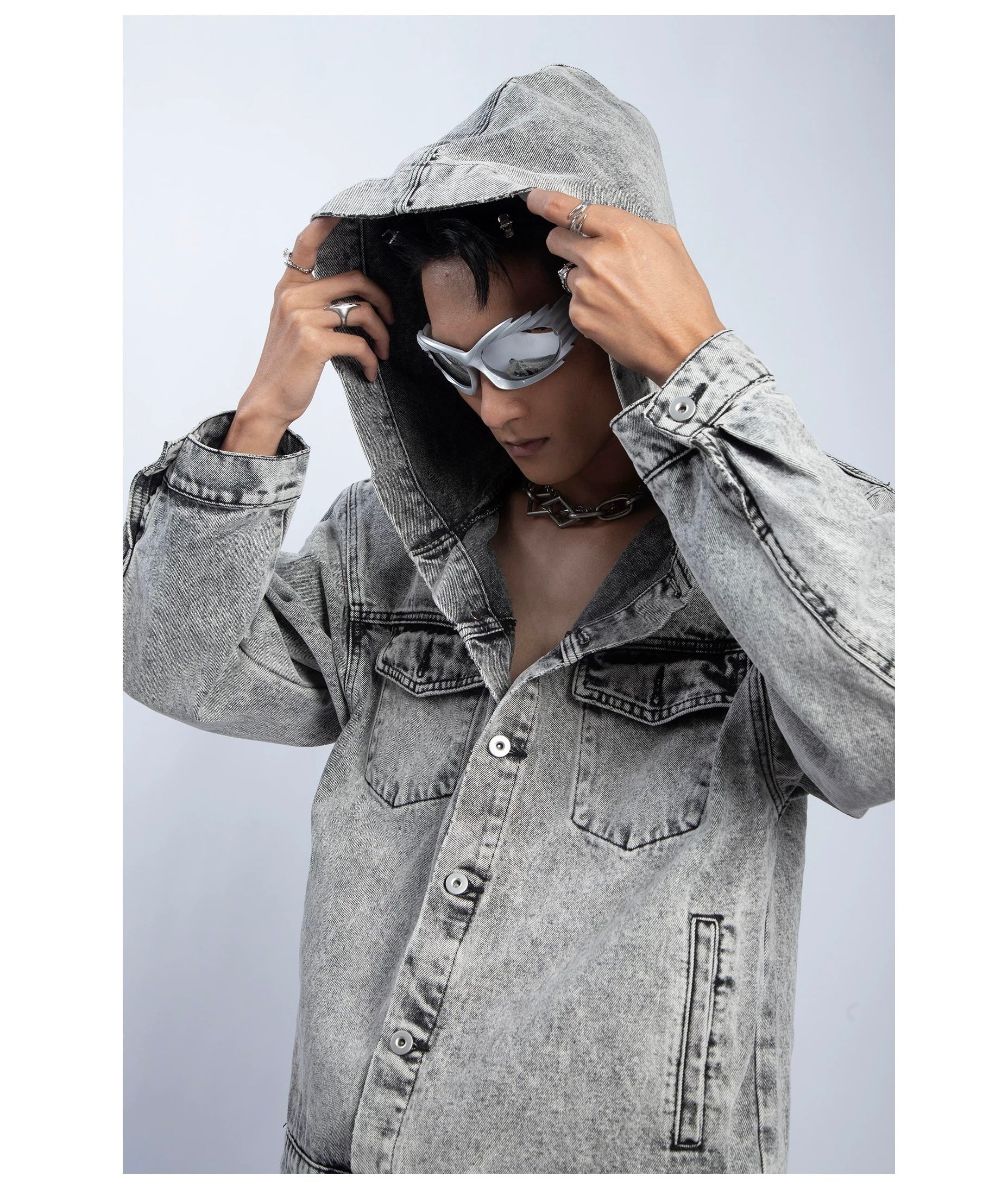 Men’s Deconstructed Distressed Denim Hoodie Jacket – Vintage Heavywork Streetwear Outerwear T0043