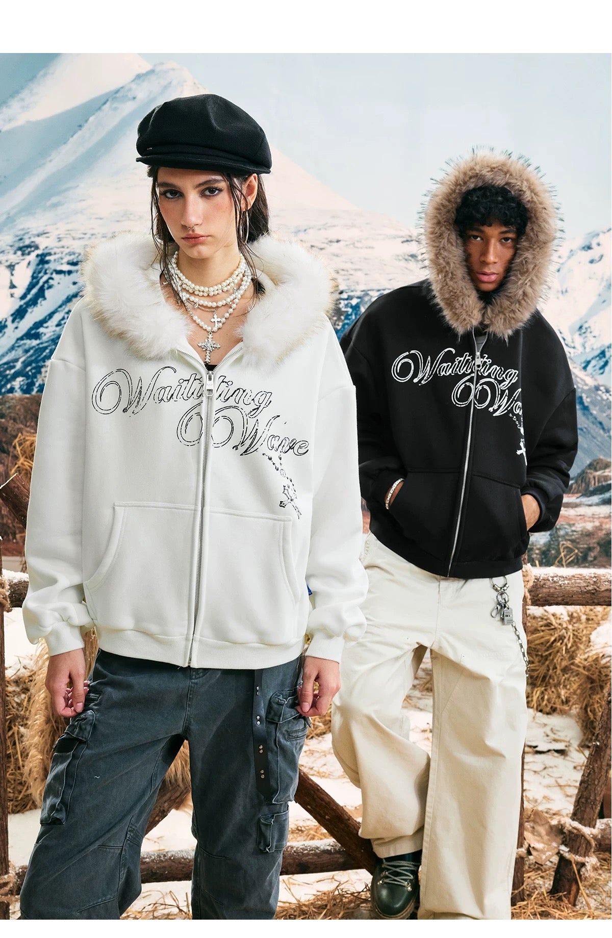 Vintage Graphic Fleece Hoodie with Faux Fur Collar T0029