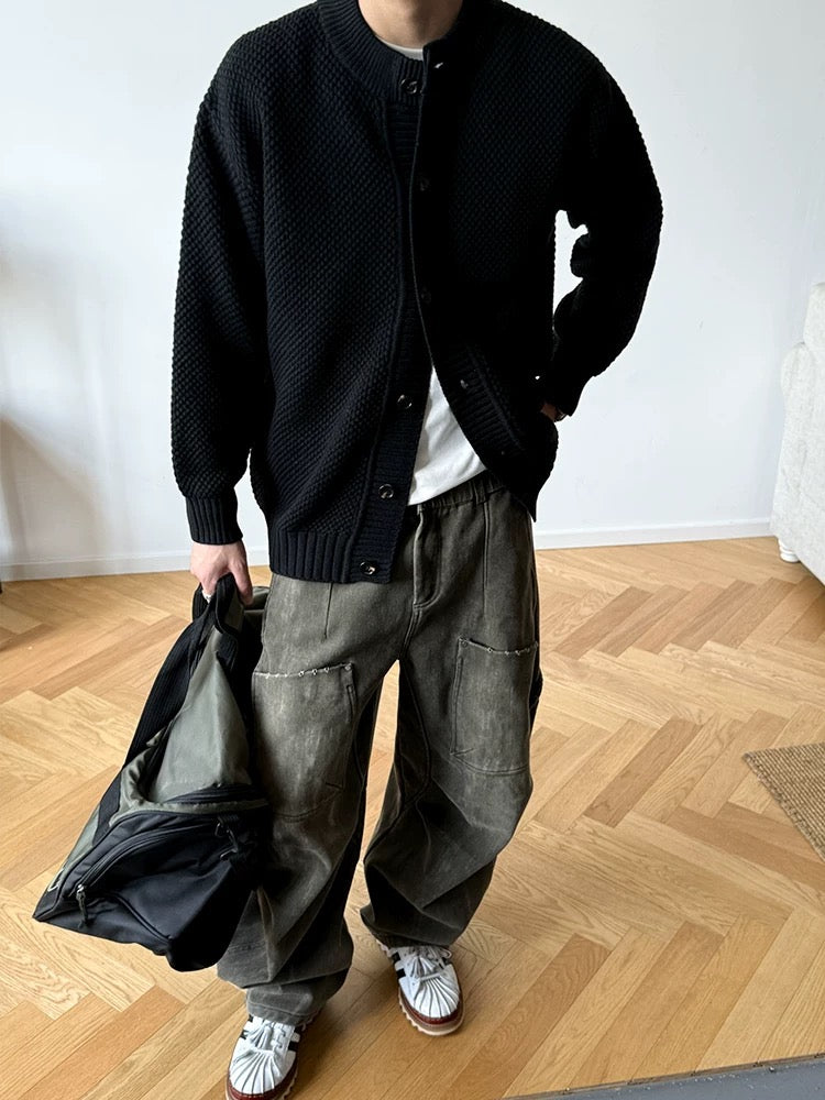 750g Heavyweight Pineapple Knit Cardigan - Men's Solid Color Relaxed Fit Minimalist Knit Jacket T0021