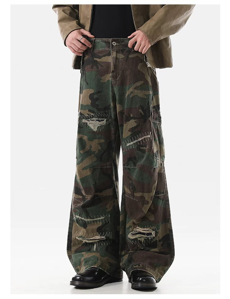 American Distressed Patchwork Camo Cargo Pants – Vintage Rugged Streetwear B0040
