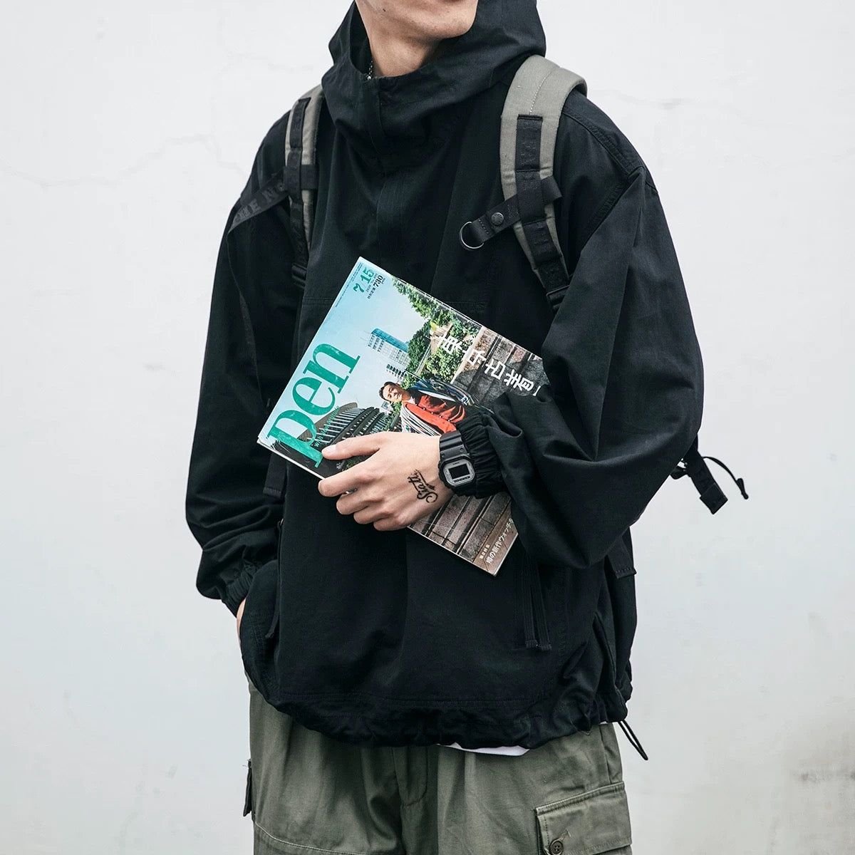 Chaqueta con capucha y lavado vintage para hombre, cortavientos con media cremallera para uso diario informal, T0009