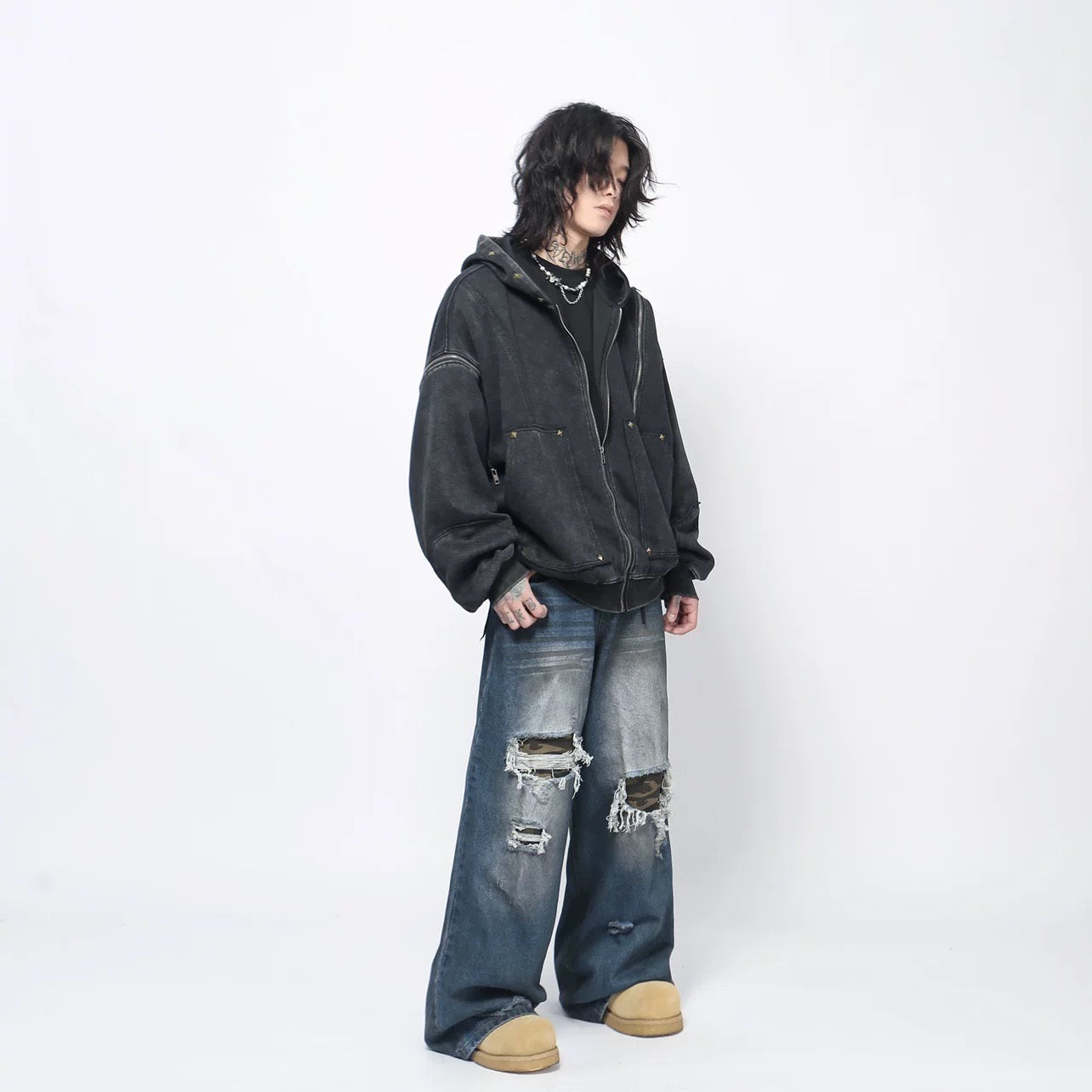 Men’s Heavyweight Streetwear Hooded Zip-Up Hoodie Painted Distressed Oversized Casual Jacket T0077