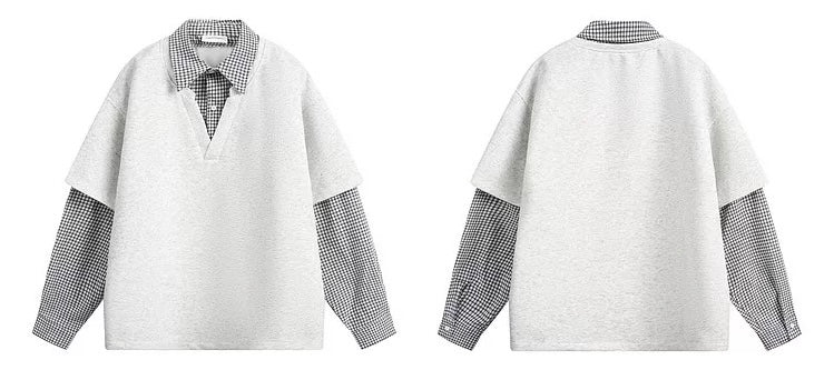 Men’s Korean Layered Plaid Sweatshirt – Casual Street Style Fake Two-Piece Pullover S0035