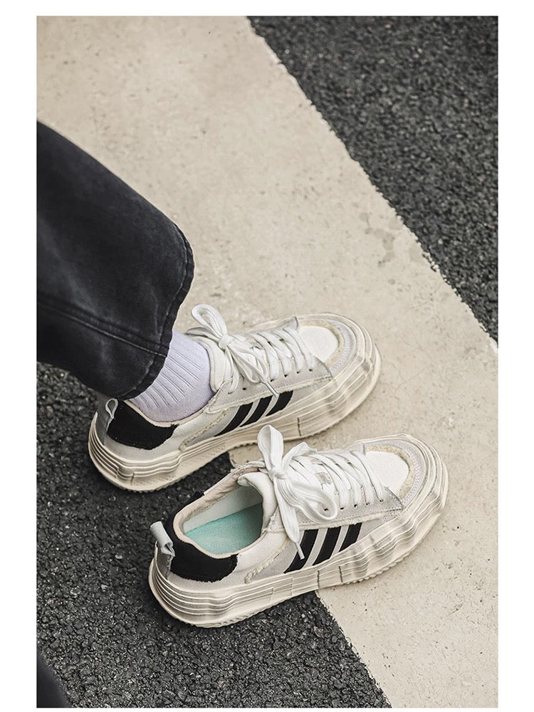 Distressed Melt-Sole Sneakers - White Chunky Platform German Army Trainers with Triple-Stripe Design S0009