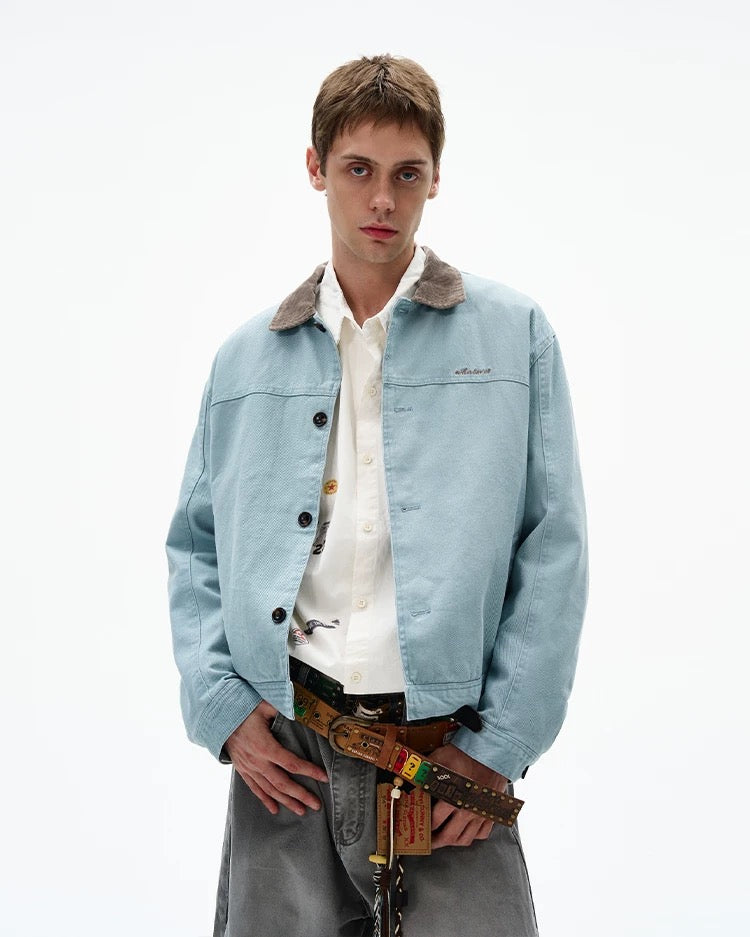 Men’s Color-Block Workwear Jacket – American Retro Contrast Collar Utility Outerwear T0064