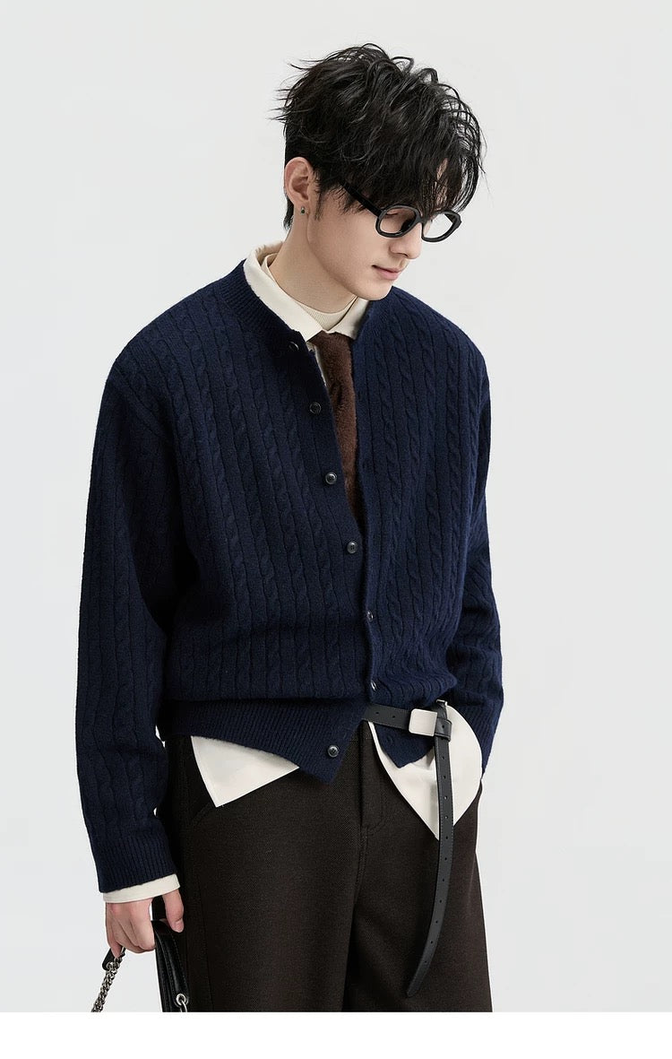 Jacquard Retro-Style Henry Neck Sweater Cardigan for Men - Wool-Blend Knitted Outerwear for Autumn & Winter T0038