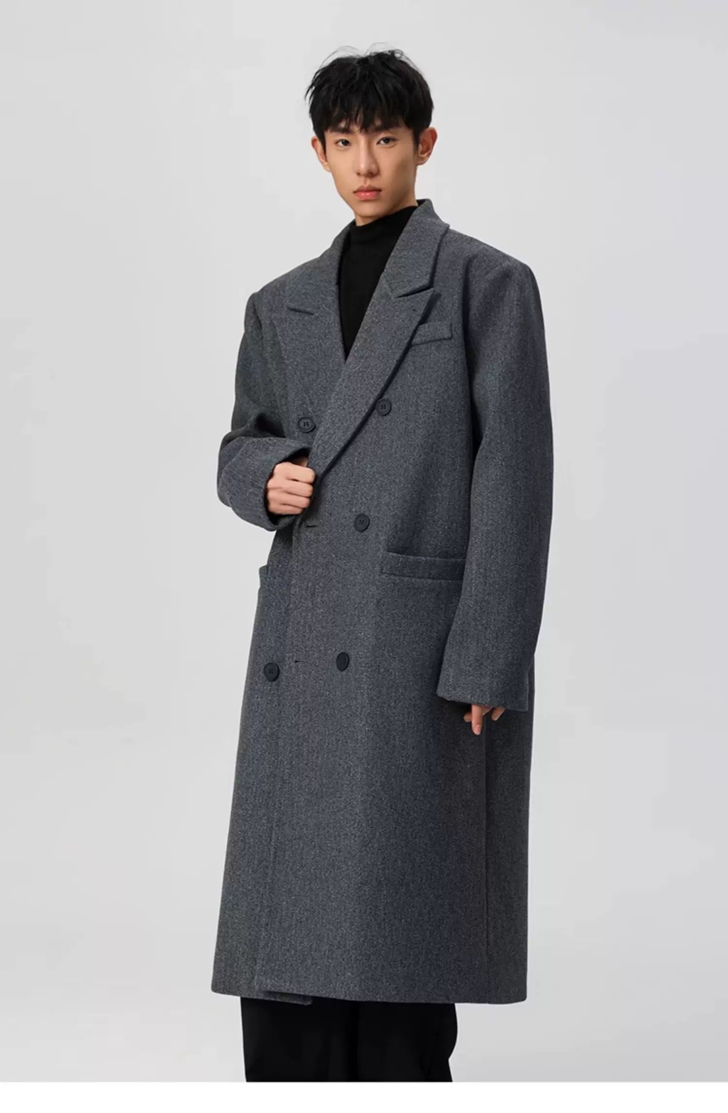 Men’s Long Wool Overcoat – American Vintage Street Tailored Winter Coat T0069