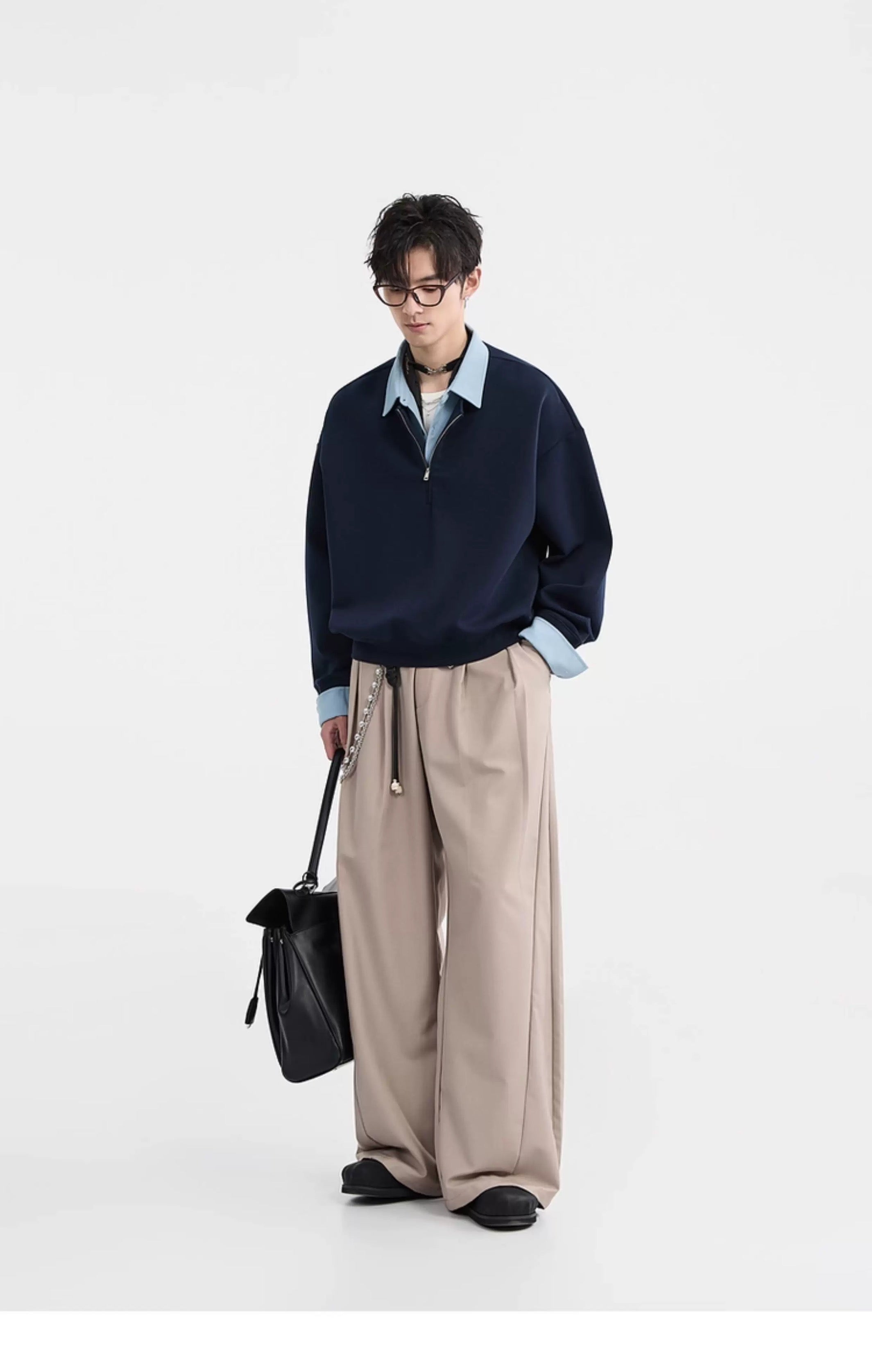 Sudadera con cuello camisero y bloques de color - Jersey extragrande Cleanfit con media cremallera para hombre T0047