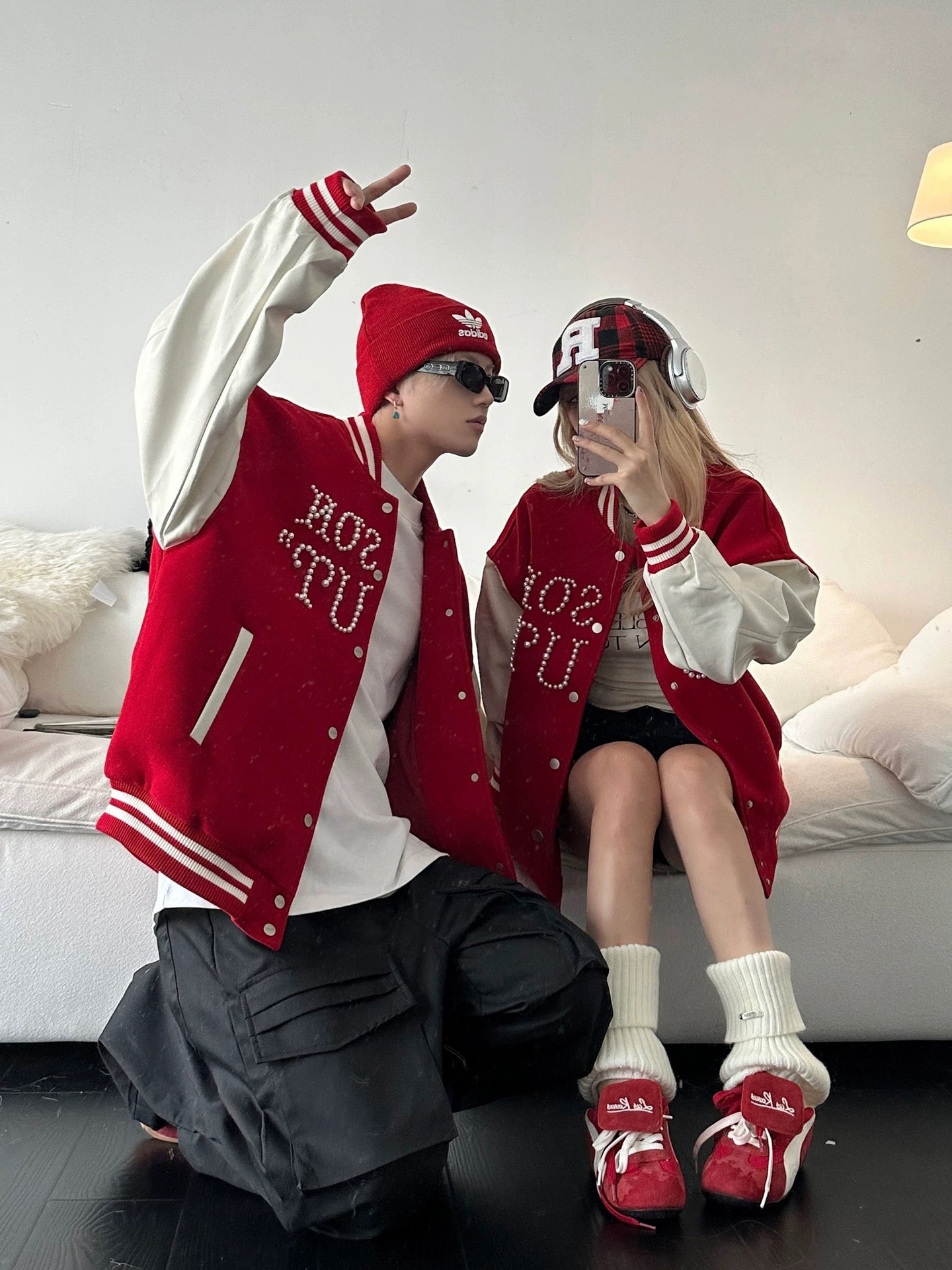 American Streetwear Rhinestone Baseball Jacket - Unisex Couple's Style AW Collection Retro Red Faux Leather & Wool Blend Bomber T0035