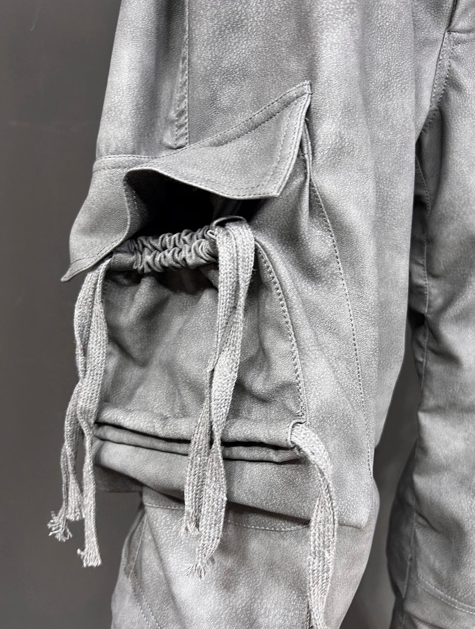 Men’s Suede PU Washed Flared Pants Gray Wide Leg Cargo Trousers Slim Fit Vintage Streetwear B0099