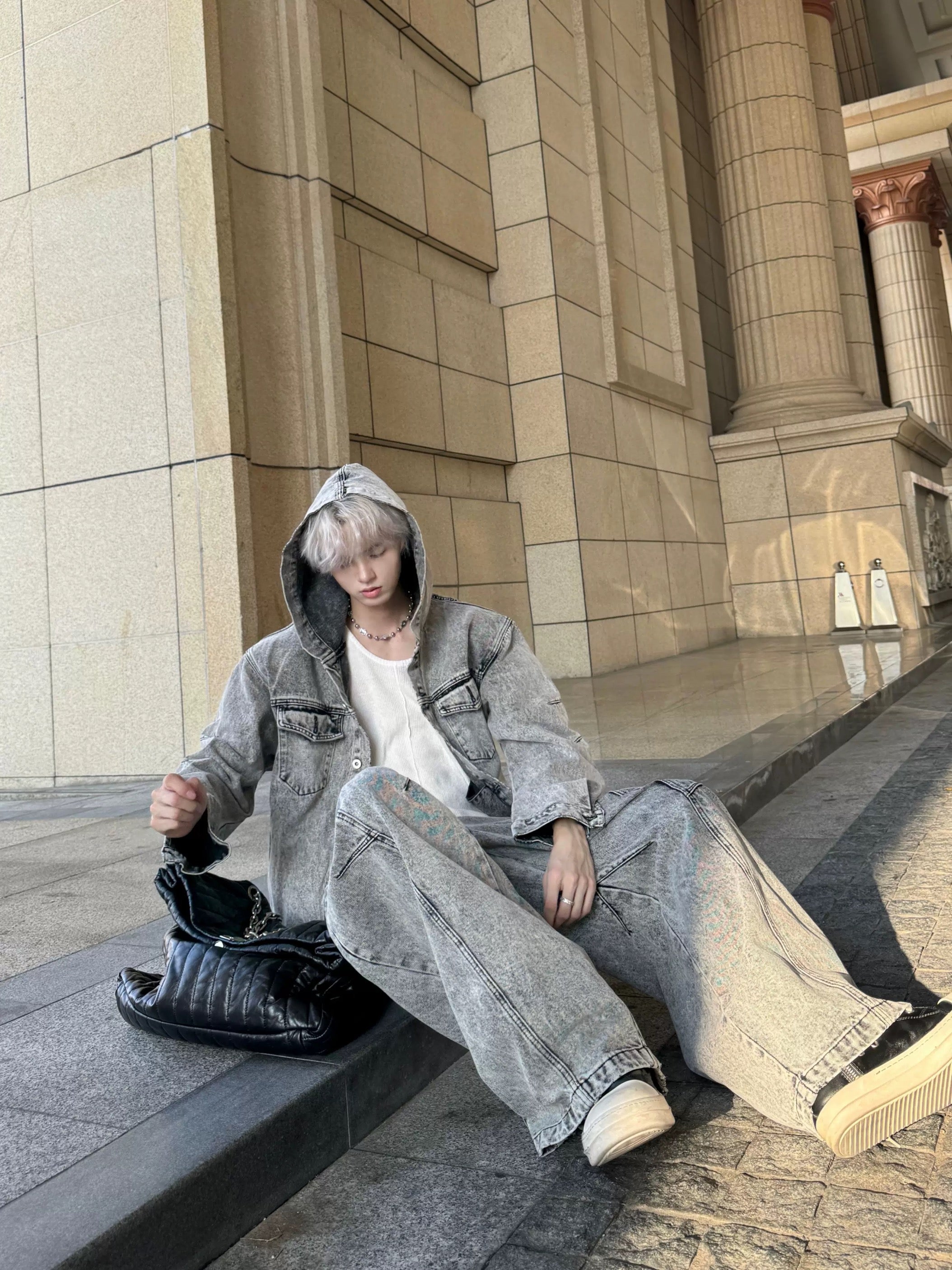 Men’s Deconstructed Distressed Denim Hoodie Jacket – Vintage Heavywork Streetwear Outerwear T0043