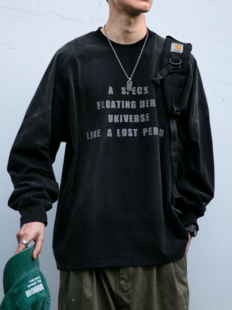 Camiseta vintage de manga larga desgastada y lavada para hombre, de algodón con cuello redondo y estampado abullonado de principios de otoño, T0018