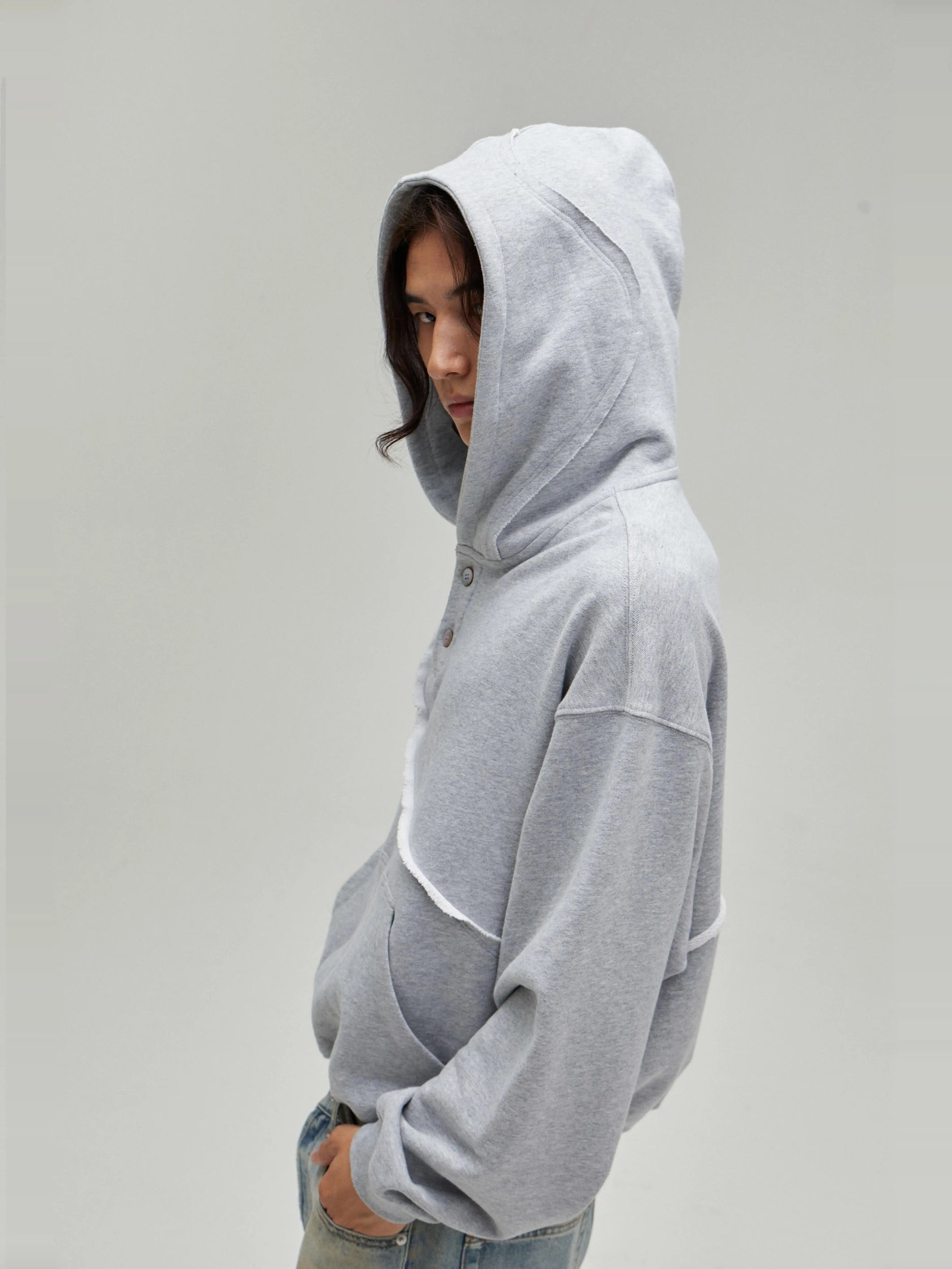 [FLAT ROOM] ASYMMETRIC BUTTON-UP HOODED SWEATSHIRT S0211