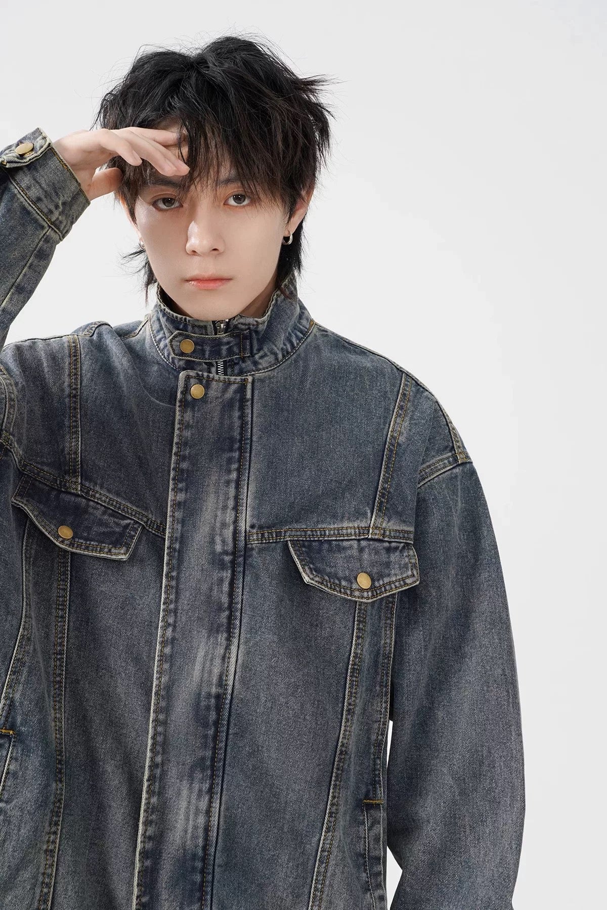 Men’s Vintage Washed Denim Jacket – American Retro Distressed Streetwear Outerwear T0046