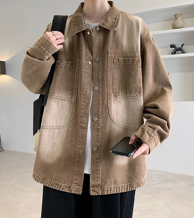 Men’s Vintage Distressed Denim Jacket – American Retro Streetwear Outerwear S0058