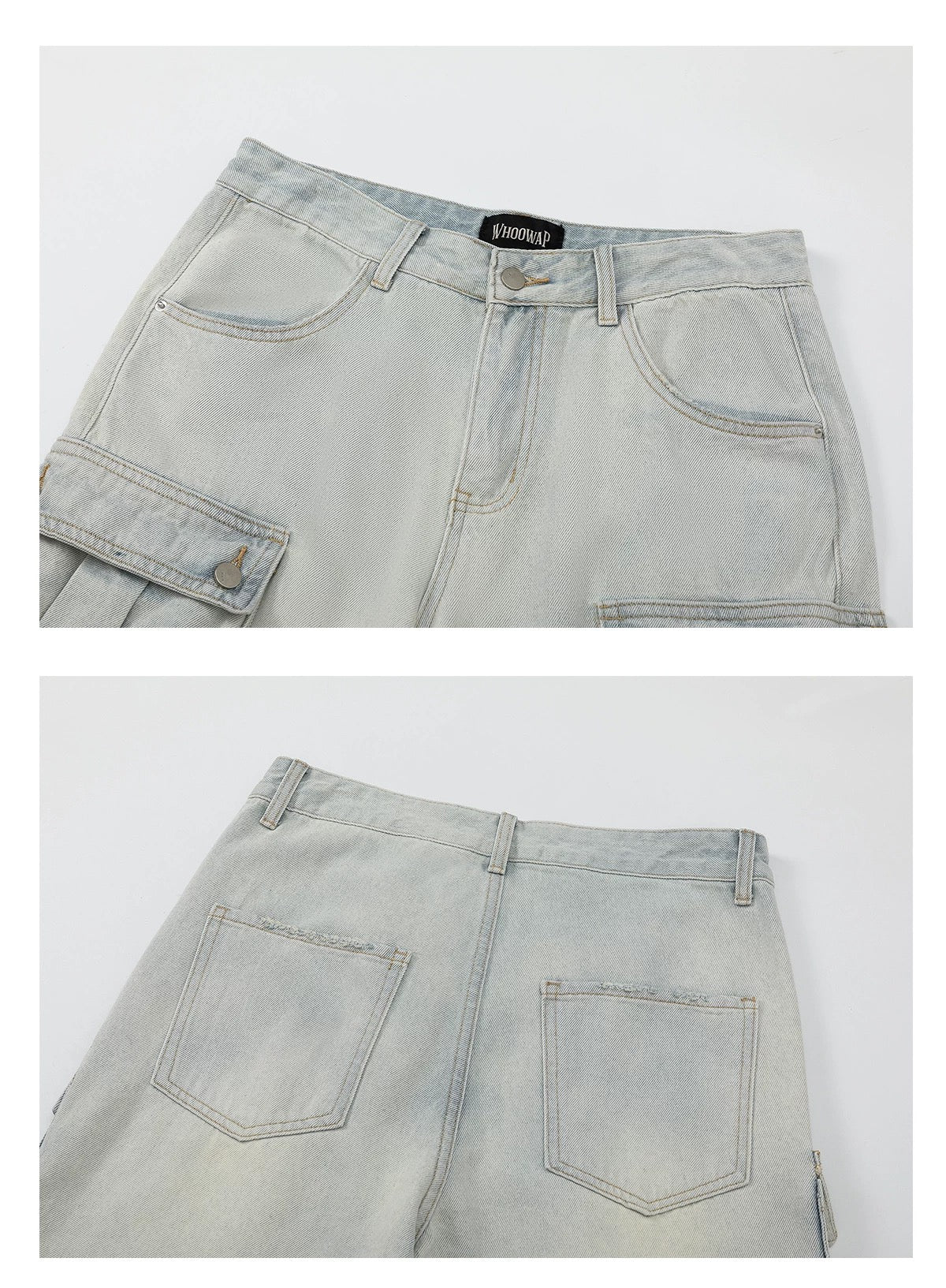 Men’s American Street Style Light Wash Multi-Pocket Jeans – Vintage Cargo Denim Pants B0053