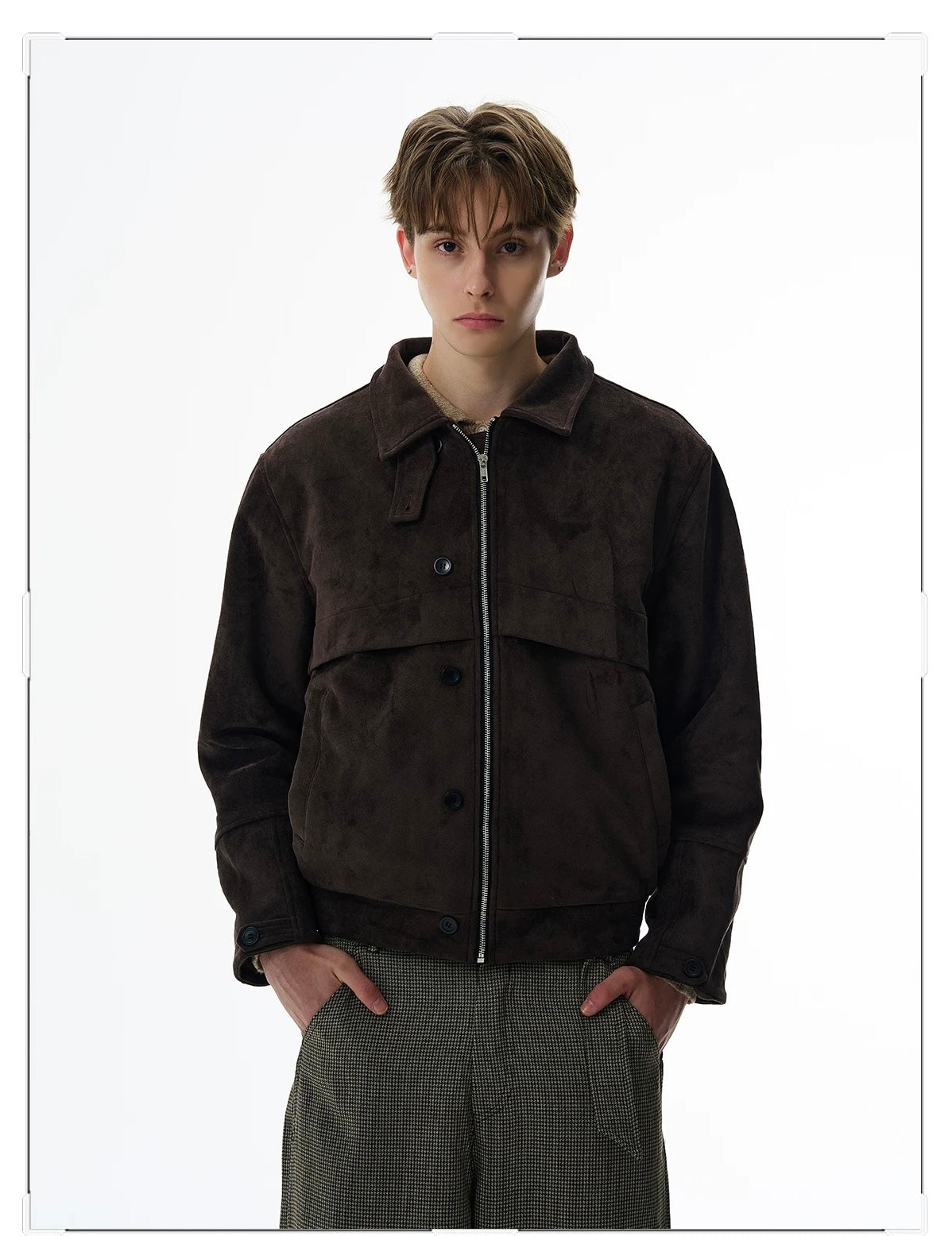 American Retro Suede Jacket – Brown Faux Suede Lapel Trucker Coat T0027