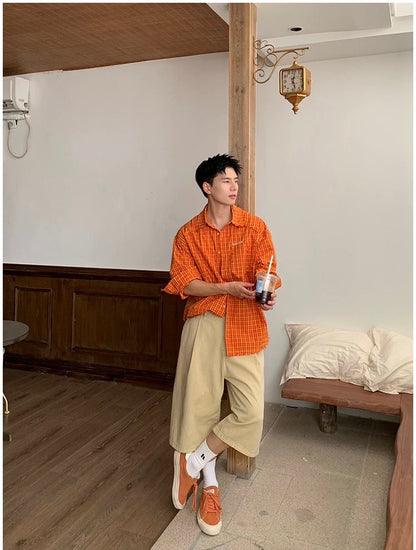 American Streetwear Orange Plaid Shirt – Vintage Long Sleeve Flannel for Men T0241