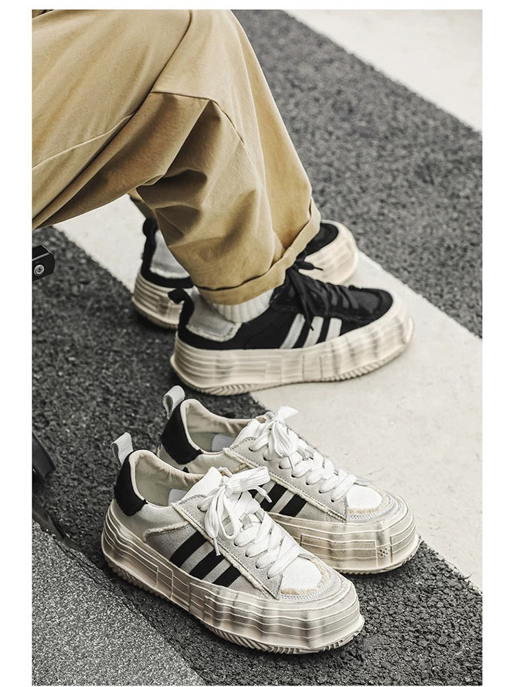 Distressed Melt-Sole Sneakers - White Chunky Platform German Army Trainers with Triple-Stripe Design S0009