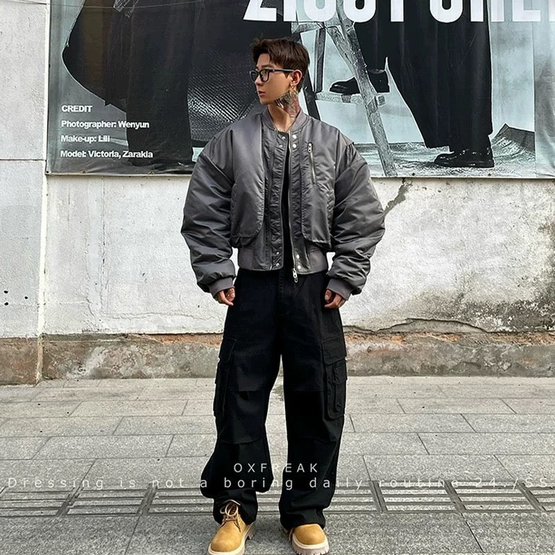 Men’s Cropped Bomber Puffer Jacket – American High Street Short Cotton Outerwear T0071