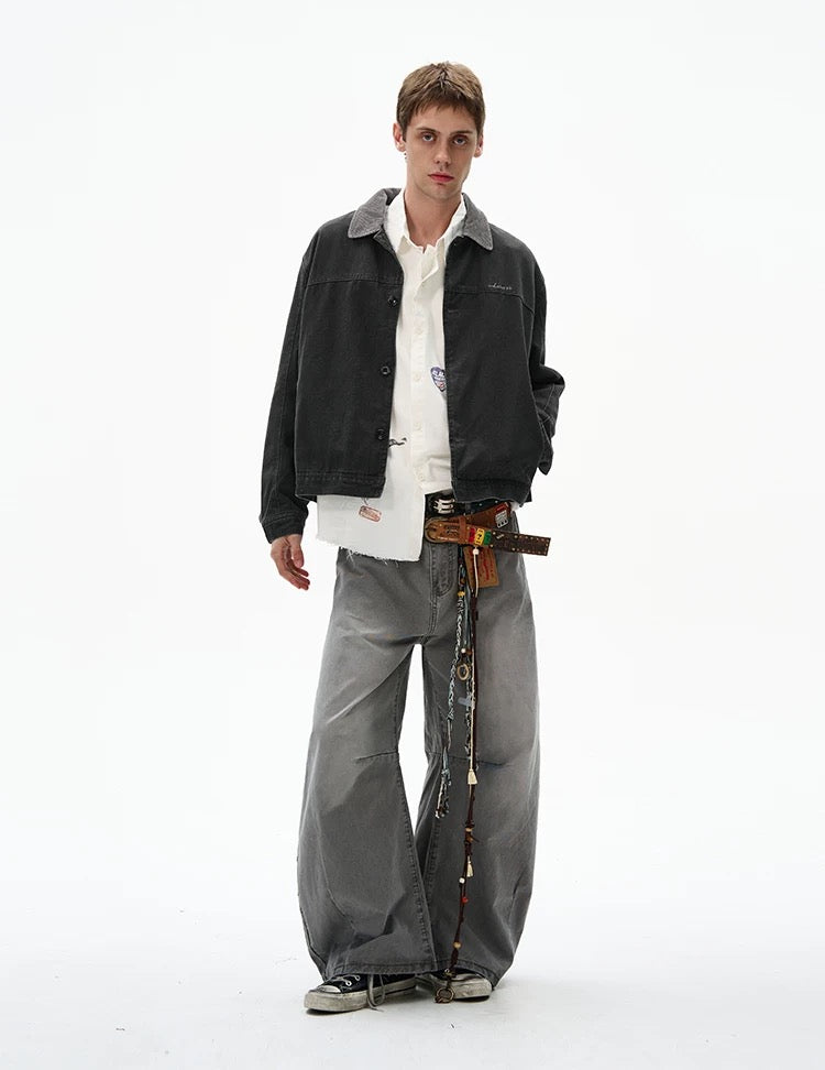 Men’s Color-Block Workwear Jacket – American Retro Contrast Collar Utility Outerwear T0064