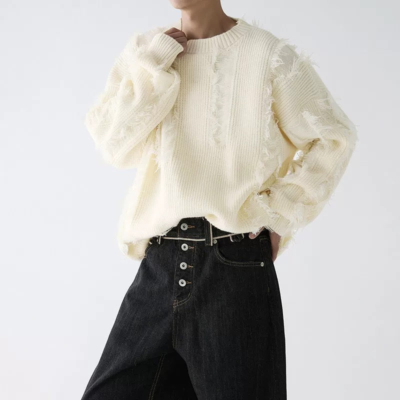 Men’s Fringe Knit Sweater Autumn Loose Fit Casual Pullover High-End Textured Knitwear T0069