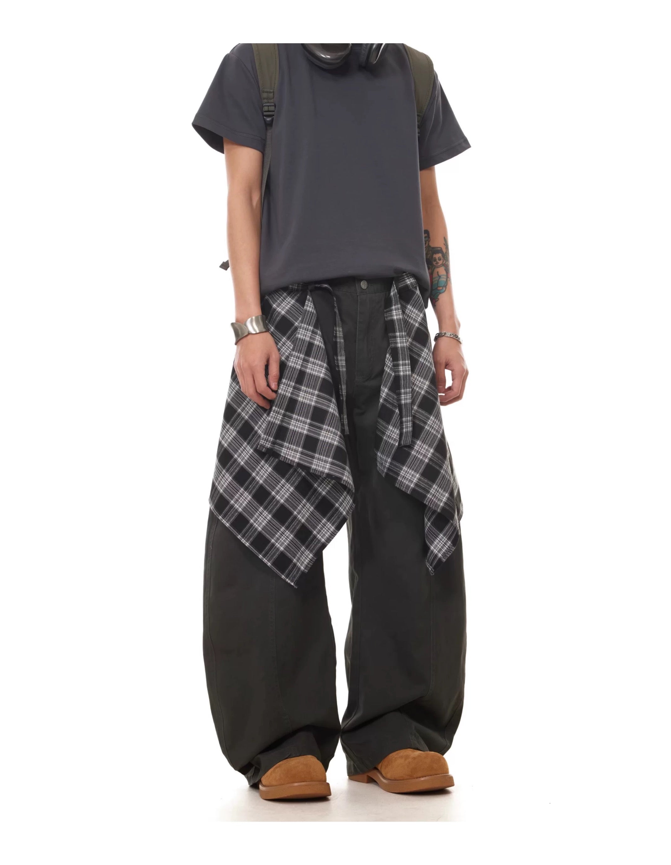 Men’s Vintage Detachable Plaid Skirt Cargo Pants – American Curved Wide-Leg Streetwear Trousers B0087